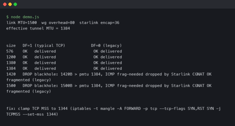 Debugging MTU Blackholes on WireGuard Over Starlink