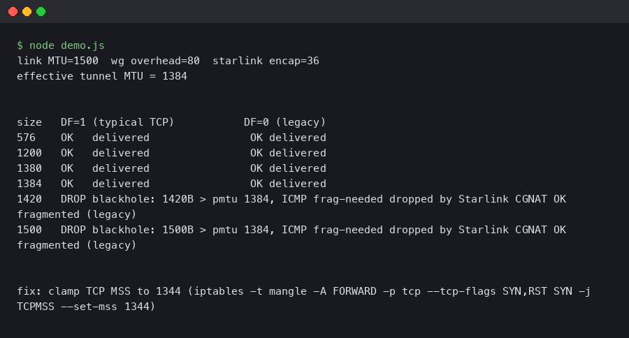 Debugging MTU Blackholes on WireGuard Over Starlink