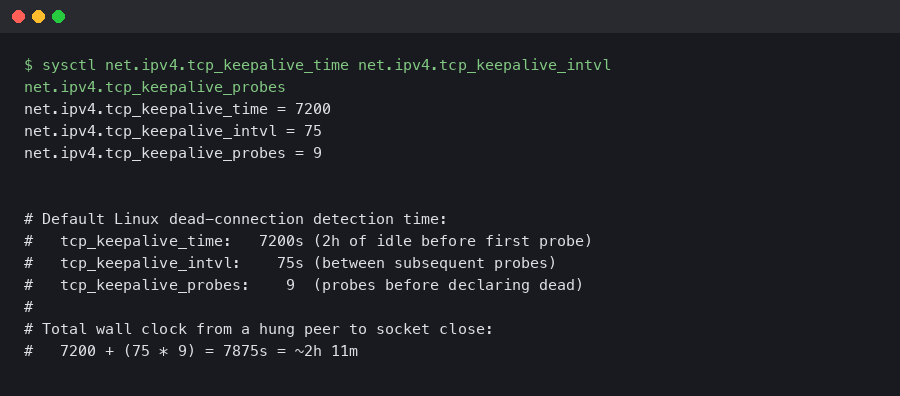 Linux sysctl output showing TCP keepalive defaults