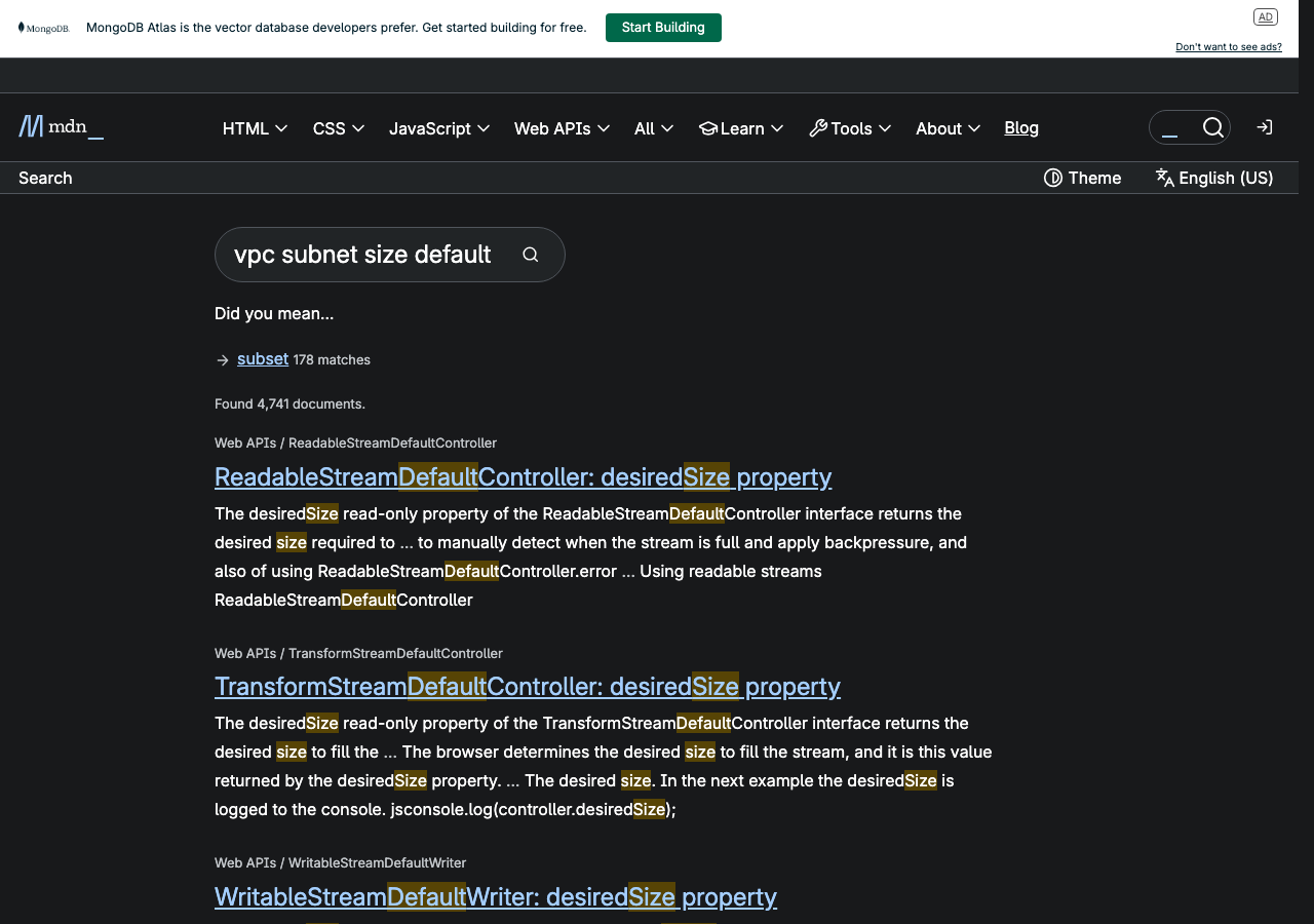 Official documentation for vpc subnet size default