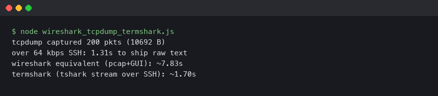 Terminal output for Wireshark vs tcpdump vs termshark for remote packet capture over slow SSH